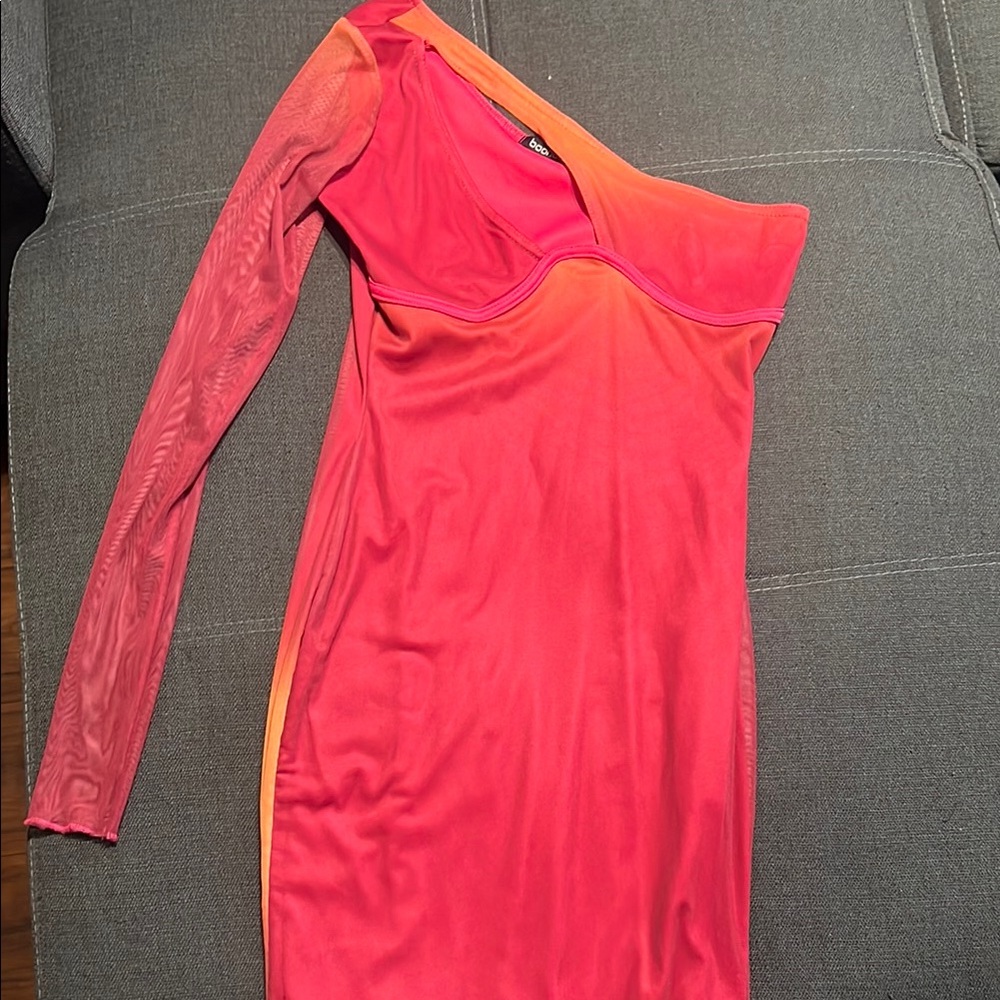 Boohoo Pink Asymmetrical Ruched One Shoulder Dress